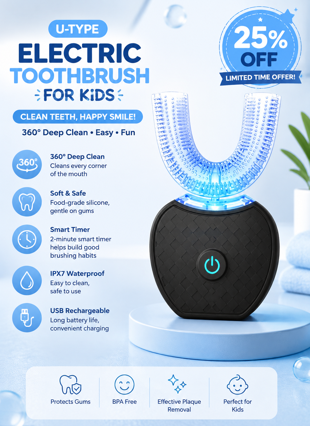 🦷 فرشاة الأسنان الذكية 360 درجة بشكل حرف U